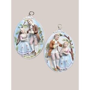 Vintage Arco Italy Bisque Porcelain Wall Plaques Couple Capodimonte Style